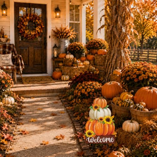 Fall Decorations Outdoor Metal Yard Sign Pumpkin Garden Stakes (Fall Pumpkin With Sunflowers)