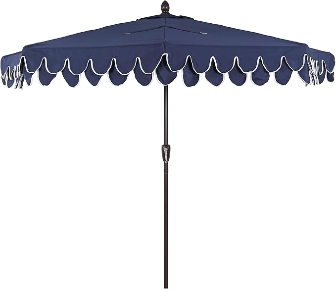 JONATHAN Y UMB1202B Terrace Arc 9 ft. Classic MidCentury Scalloped Fringe Market Patio Half Umbrella with Crank, Tilt Button and UV Protection in Navy/White, Dark Brown Pole