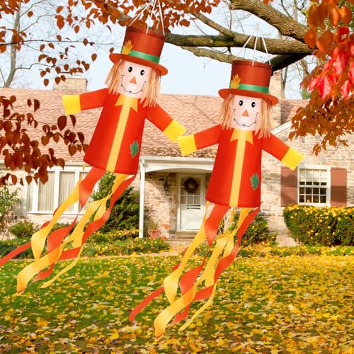 2 Pcs Fall Scarecrows Windsocks Outside Decoration 40'' Vintage Windsocks (Autumn)