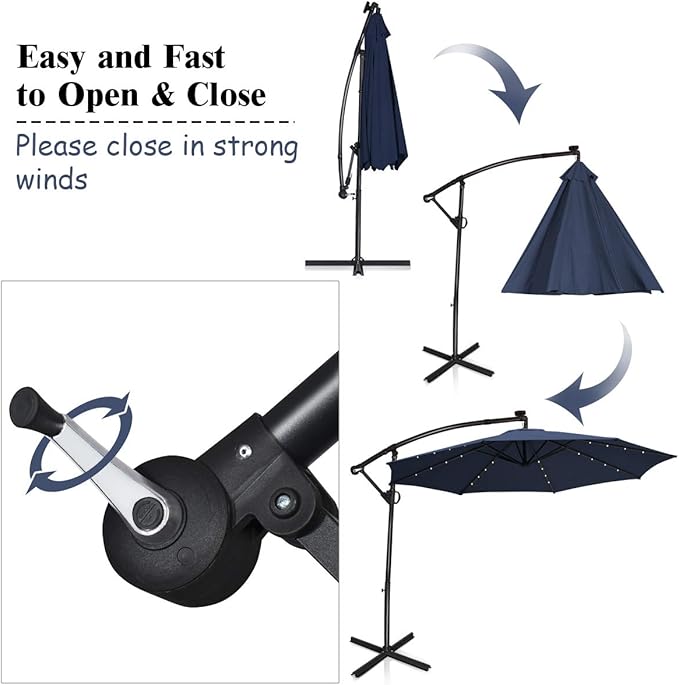 Tangkula 10 FT Solar Patio Umbrella, Offset Cantilever Outdoor Umbrella with 360 Degree Rotation, Aluminum Pole, Easy Tilt Adjustment, Crank Handle & Cross Base for Pool Deck Garden Backyard
