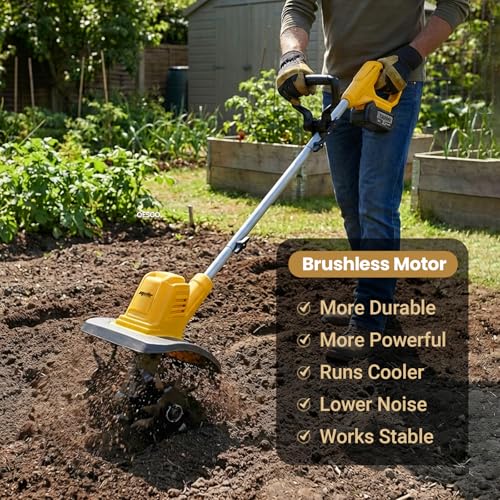 Battery Powered Garden Tiller Compatible with DeWalt 20V Battery (Yellow-No Battery)