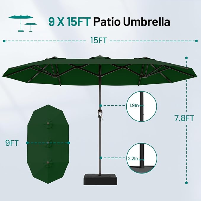 AreShark 15FT Outdoor Patio Umbrella with Crank, Large Rectangular Market Umbrella, Double-Sided Outdoor Umbrellas with Cross Base & Sandbag for Porch, Lawn, Pool, Backyard, Dark Green