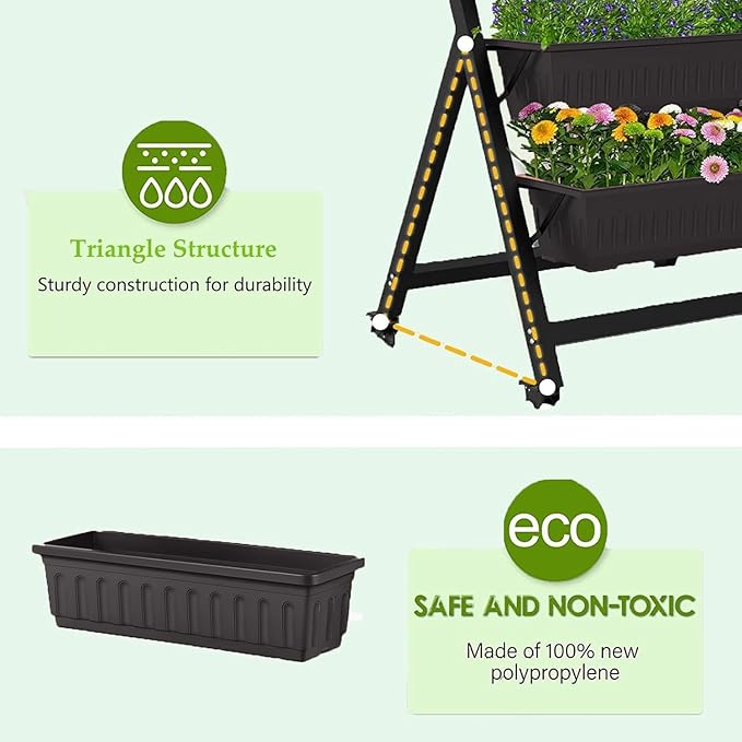Homdox 2 Pack Elevated Garden Bed, 5-Tier Freestanding Vertical Raised Bed for Gardening, 5 Garden Planter Boxes & 5 Hooks, Perfect to Grow Vegetables Herbs Flowers Outdoor Indoor, Black with Wheels