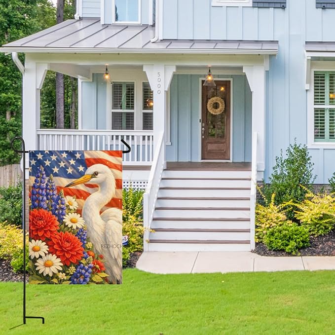 Patriotic Egret Garden Flag 28x40 Inch,USA Flag Floral Animal Outdoor Yard Red White Blue Decor,Double Sided Seasonal Lawn Porch Farm Independence Day Holiday Gift