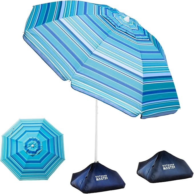 OutdoorMaster Beach Umbrellas for Sand with Sandbag & Anchor, 7.2ft Adjustable Umbrella for Beach Heavy Duty Wind, Portable UPF50+ Sunshade with Carry Bag for Patio
