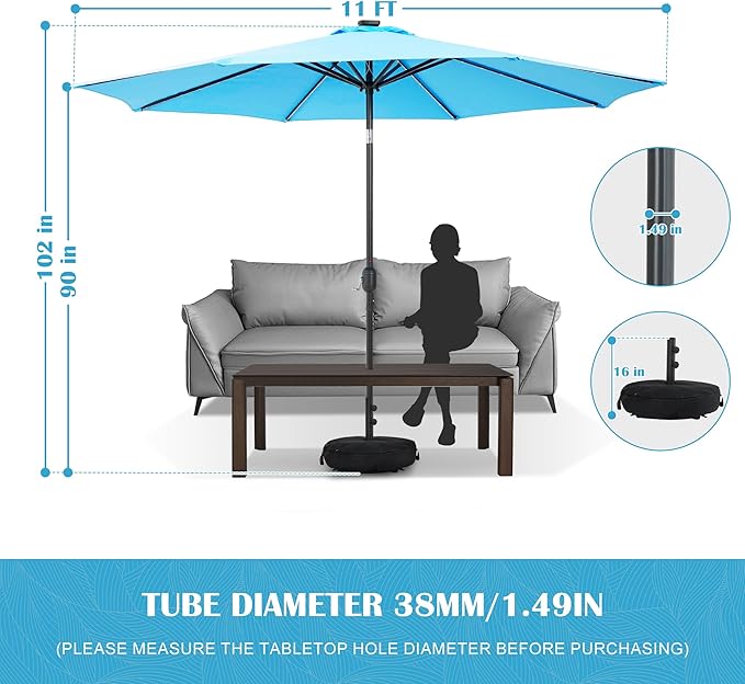 Sundale Outdoor Solar 104 LED 11 ft Patio Umbrella with Sand Bag Umbrella Base, Outdoor Umbrella with Tilt and Crank, Sky Blue