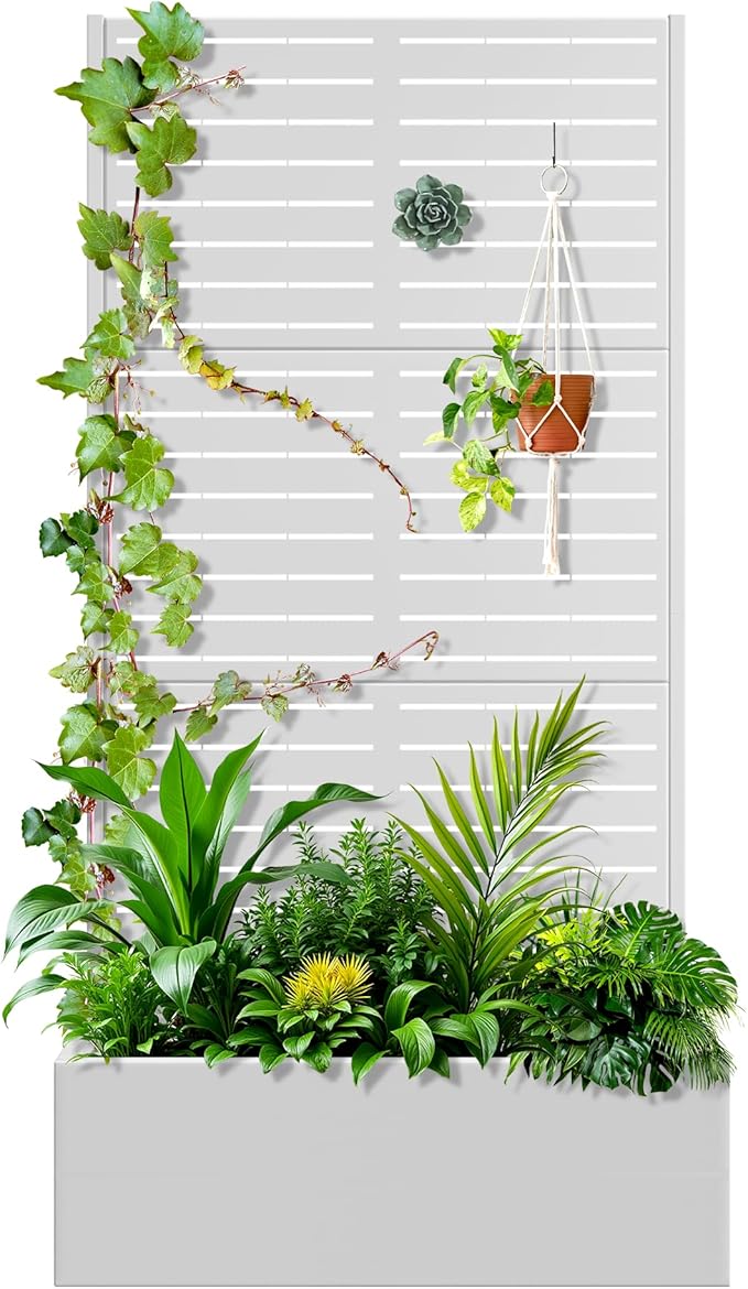 Trellis for Climbing Plants Outdoor，Mental Garden Bed with Drainage Holes Outdoor Privacy Screen Design Tall planters for herb Flower Vegetables 73"x35"x16", White-Louvered