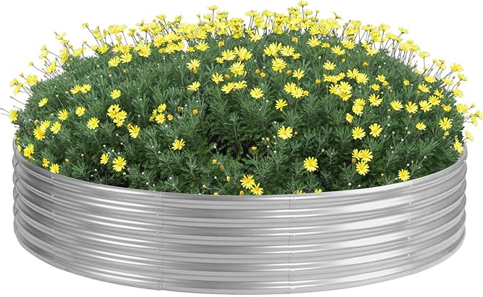 PINPON 5x5x1ft Round Galvanized Raised Garden Bed Outdoor, Large Metal Planter Box for Vegetables, Sturdy Above Ground Garden Bed for Backyard, Patio, and Fire Pit Ring