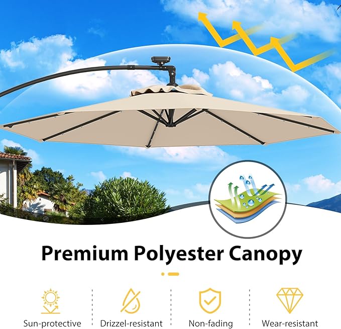 Tangkula 10 FT Solar Patio Umbrella, Offset Cantilever Outdoor Umbrella with 360 Degree Rotation, Aluminum Pole, Easy Tilt Adjustment, Crank Handle & Cross Base for Pool Deck Garden Backyard