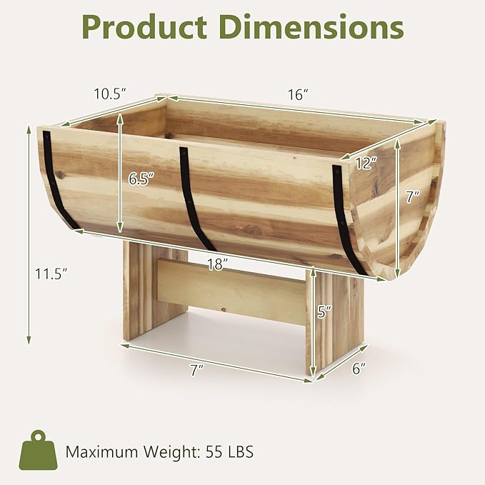 S AFSTAR 2 Pieces Acacia Wood Raised Garden Beds, Half-Barrel Planter Box with Legs, Drainage Gaps & Metal Bands, Rustic Plant Box Decorative Elevated Flower Pot for Indoor & Outdoor