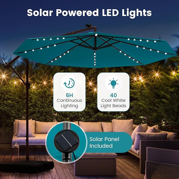 Tangkula 10FT Offset Patio Umbrella with Base Included, Outdoor Cantilever Umbrella with 32 Solar LED Lights, Tilt Adjustment, Crank Handle, Vented Top, Sand Bags for Pool Yard Deck (Turquoise)