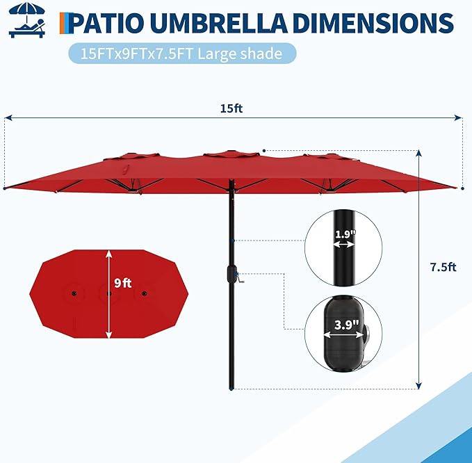 15ft Double-Sided Patio Umbrella, Rectangle Extra Large Outdoor Table Umbrella, Heavy Duty UV Protection & Fade Resistance Canopy for Pool, Garden, Backyard, Deck