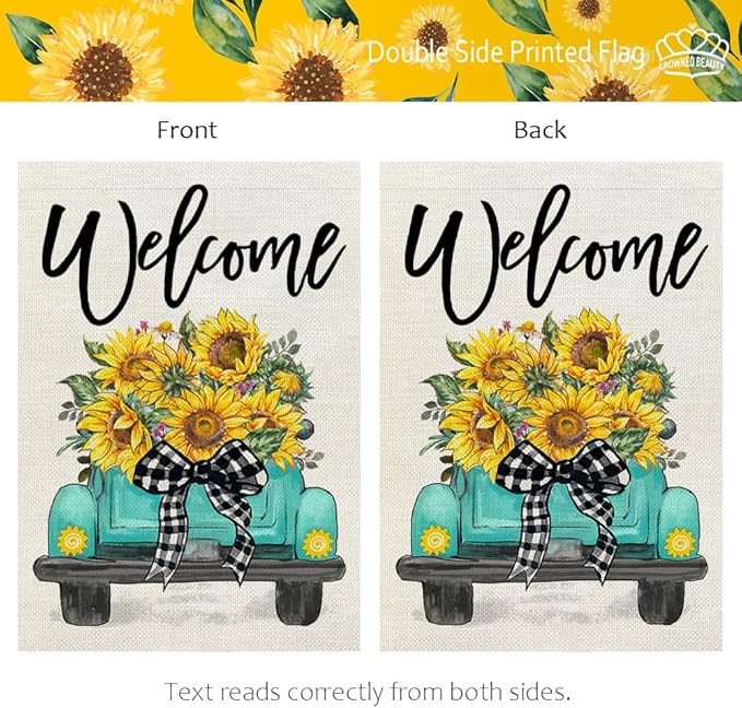 CROWNED BEAUTY Summer Garden Flag Sunflowers Truck 12x18 Inch Double Sided Small Burlap Welcome Holiday Seasonal Flag for Outside Yard Decoration
