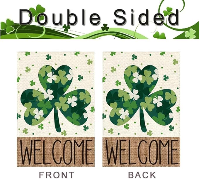 St Patricks Day Garden Flag 12x18 Inch Double Sided Outside Welcome Shamrocks Outdoor Yard Flag Green Lucky Clovers Holiday Decoration