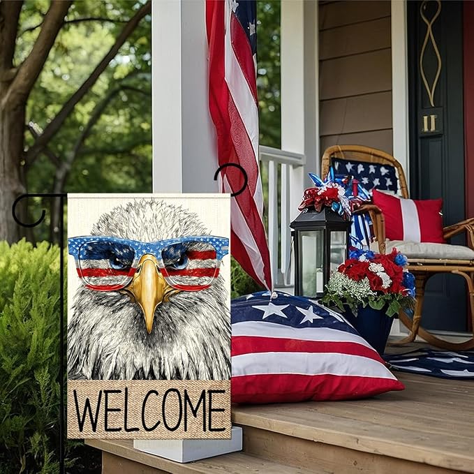Independence Day Garden Flag for Outside,American Eagle Welcome Yard Flags for 4th of July Patriotic Memorial Day Lawn Porch Outdoor Decorations 12x18 Double Sided