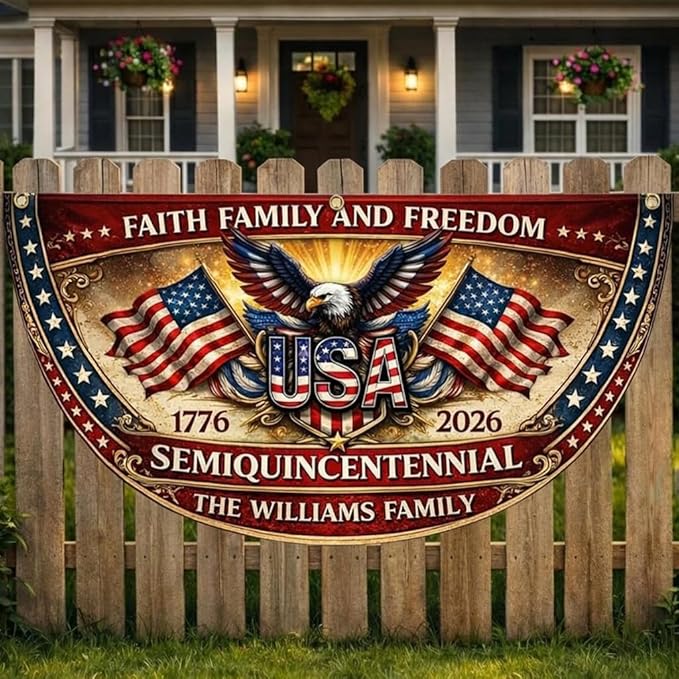 Personalized USA 250 Years of Freedom Fence Flag 1776–2026, Custom Patriotic Eagle Semicircle Banner Gift for Family, America 4th of July Outdoor Yard Decor, 250 Years Anniversary Banner