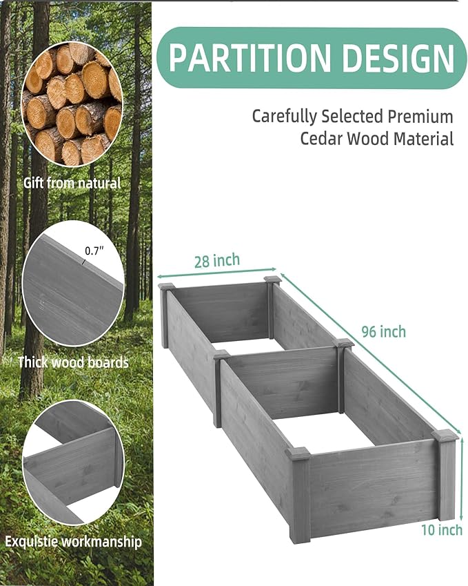 HACHIKITTY 8×2ft Wooden Horticulture Raised Garden Bed Divisible Elevated Planting Planter Box for Vegetables/Flowers/Herbs in Backyard/Patio Outdoor, Natural Wood, 96 x 28 x 10in