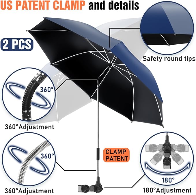 2 Pack Beach Umbrella with 360 Universal Clamp, UPF50+ Umbrella Outdoor Patio Sun Protection for Chairs, Beach &Patio Use (Not Include Chair)