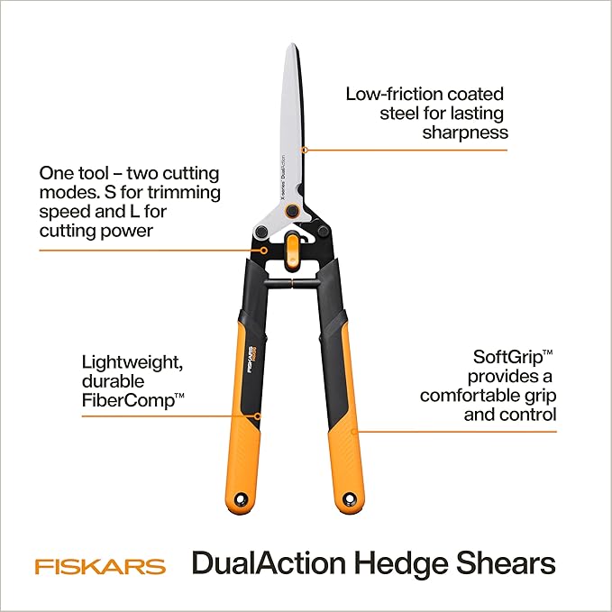 Fiskars DualAction Hedge Shears, 2-in-1 Fast Trimming & PowerCut Hedge Trimmer, Precision-Ground Steel Blades for Clean Cuts, Shock-Absorbing Bumpers & SoftGrip Handles for Comfort