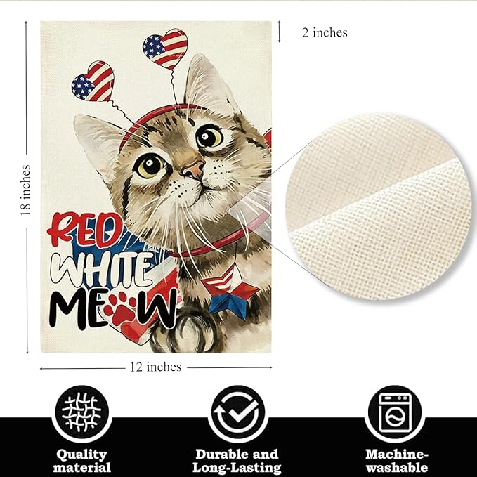 Patriotic 4th Of July American Cute Cat Garden Flag Decorations 12x18 Inch Double Sided Burlap Memorial Day Independence Day Yard American Garden Flags for Outside Decoration Yard Flag