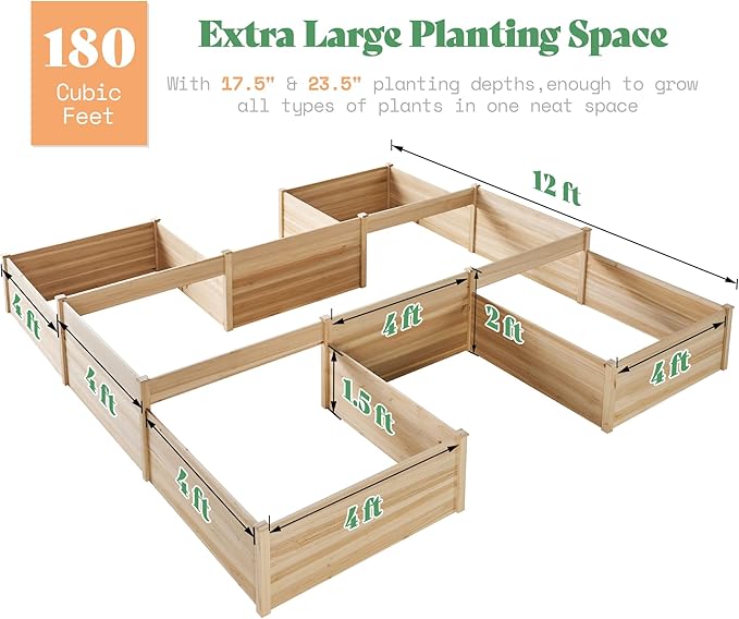 AMERLIFE 12x12x2 FT Wooden Raised Garden Bed, H-Shaped Planter Box with Double-Layer Design, 180 Cu. Ft Capacity for Outdoor Patio & Backyard