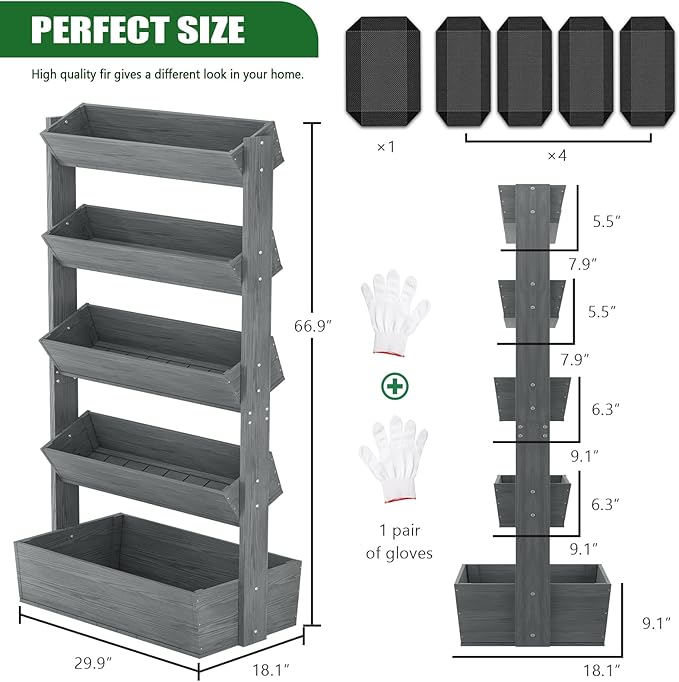 Wooden Vertical Raised Garden Bed, 5 Tier Garden Planters Raised Beds Freestanding Plant Stand Flower Rack Wooden Planter Box for Plants Herbs Flowers Vegetables Outdoor Indoor Gardening