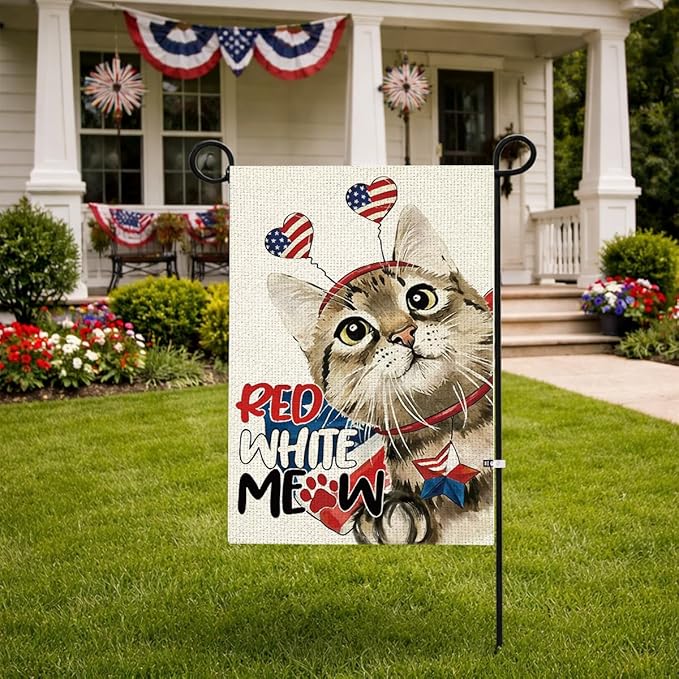 Patriotic 4th Of July American Cute Cat Garden Flag Decorations 12x18 Inch Double Sided Burlap Memorial Day Independence Day Yard American Garden Flags for Outside Decoration Yard Flag