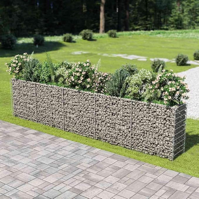 vidaXL Galvanized Steel Gabion Raised Bed/Planter - 177.2"x19.7"x39.4", Robust and Weather-, Ideal for Garden and Patio Plant or Flower Beds