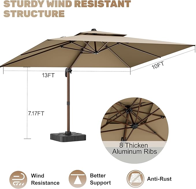 10x13FT Cantilever Outdoor Patio Umbrellas, Double Top Wood Pattern Rectangle Umbrella, Heavy Duty 360°Rotation Offset Umbrella for Garden Deck Pool Patio, Brown