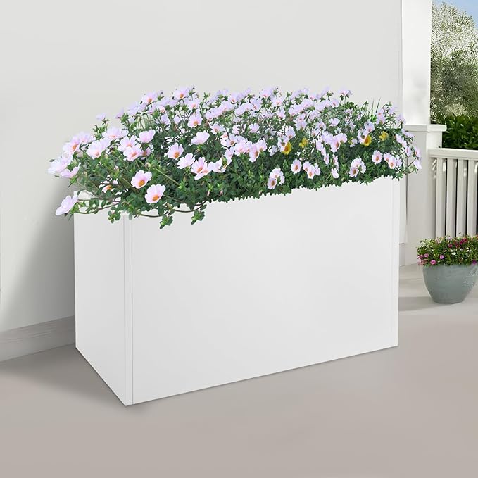 Metal Planter Box, Tall Rectangular Raised Garden Bed with Removable Shelf and Drainage Holes, Modern Steel Garden Planter, Flower Planter Boxes for Patio, Yard & Porch, Outdoor (White, 38*16*20in)