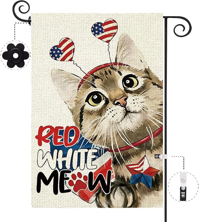 Patriotic 4th Of July American Cute Cat Garden Flag Decorations 12x18 Inch Double Sided Burlap Memorial Day Independence Day Yard American Garden Flags for Outside Decoration Yard Flag