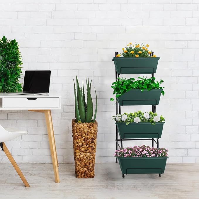 OYEAL Raised Garden Bed 4 Tier Vertical Garden Planters Indoor Outdoor Raised Planter Box with Legs Elevated Herb Garden Planter for Flowers Vegetables Plants, Green, 16.8 * 18.3 * 41.5 Inches