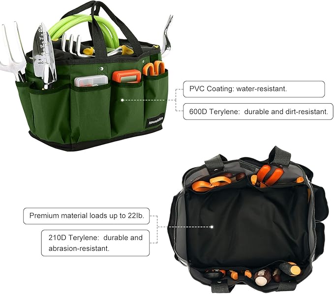 Housolution Gardening Tote Bag, Deluxe Garden Tool Storage Bag and Home Organizer with Pockets, Wear-resistant & Reusable, 14 Inch, Dark Green