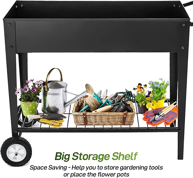 GARFANS Raised Garden Bed, Metal Raised Planter Box Outdoor with Legs, 2 Wheels and Shelf, Elevated Garden Bed Box for Vegetable Indoor Herb Flower Backyard Patio, 40" L x 16" W x 31.5" H