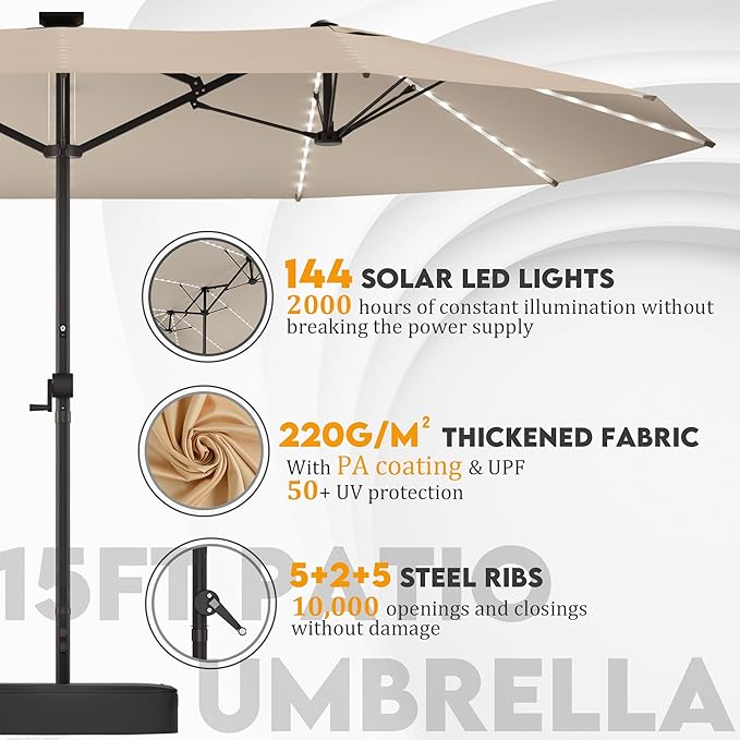 15ft Large Patio Umbrella with Solar Lights, Outdoor Double-Side Rectangular Umbrella with Base Included, Backyard Pool Umbrella with LED Light for Deck, Outside, Market, Beige