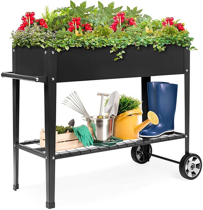 GARFANS Raised Garden Bed, Metal Raised Planter Box Outdoor with Legs, 2 Wheels and Shelf, Elevated Garden Bed Box for Vegetable Indoor Herb Flower Backyard Patio, 40" L x 16" W x 31.5" H