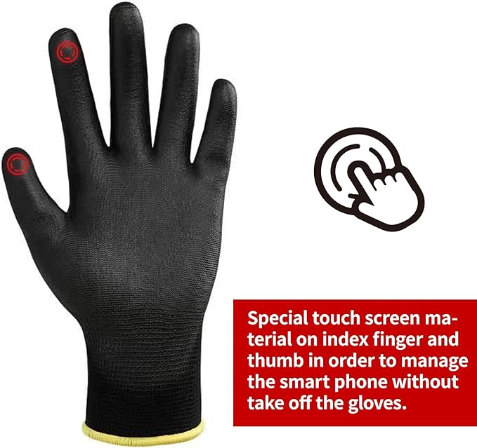 Safety Work Gloves PU Coated for Men and Women-12 Pairs,Black Seamless Knit Glove with Two Fingers Touchscreen,Ideal for General Duty Work (X-Large)