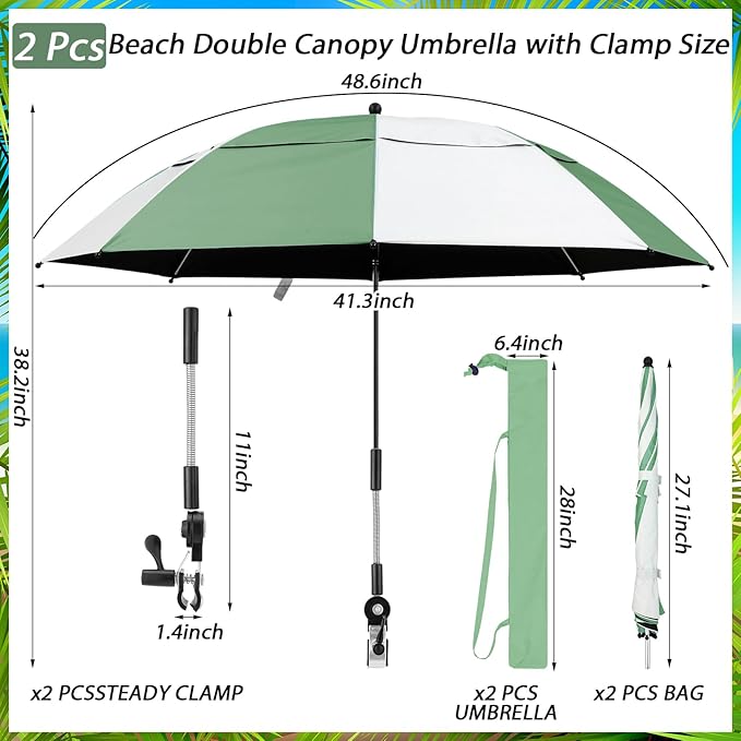 Abbylike 2 Pack 48.6" Double Canopy Umbrella with Clamp UPF50+ Beach Chair Umbrella with Clip 360°adjustable Portable Outdoor Wheelchair Patio Golf Carts Camping