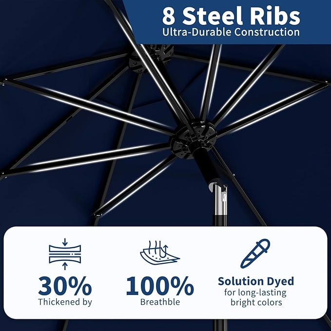 9 ft Patio Umbrella - 8 Sturdy Ribs Outdoor Table Umbrella with Crank Lift & Push Button Tilt - Market Umbrella for Pool, Deck, Yard, Garden - Navy Blue