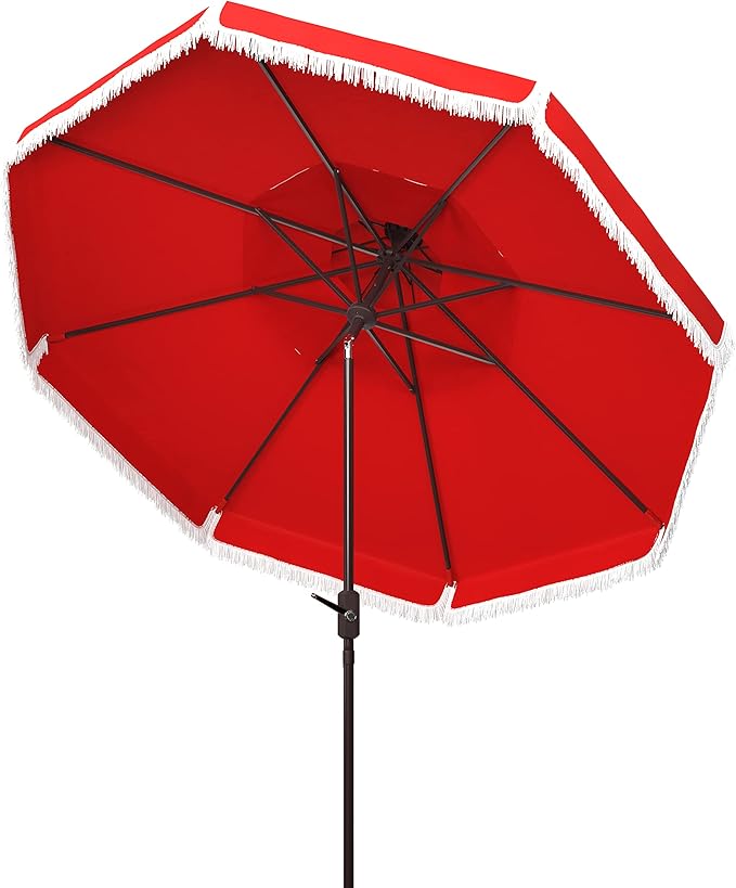 SAFAVIEH 9ft Outdoor Patio Umbrella, Round, Double Top, Milan Fringe, Red & White, Crank, Button Tilt, UV Resistant for Deck, Backyard, Poolside (PAT8208E)