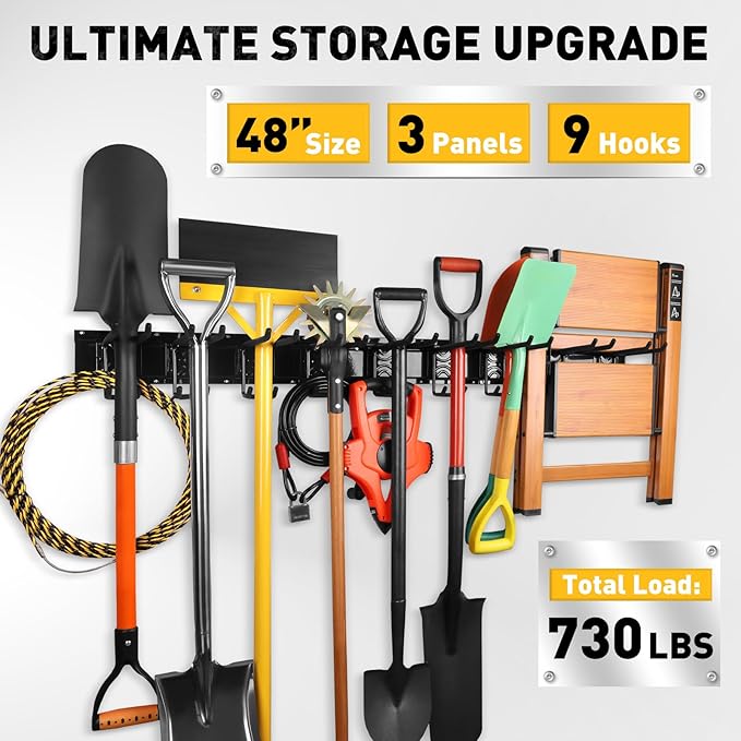 ELEAD 9-Pairs Heavy Duty Garage Tool Organizer Wall Mount Hooks, 48 Inches 730 lbs Garden Tool Organizer with Adjustable Hooks, Yard Tools Organizers for Garden, Yard, and Shed