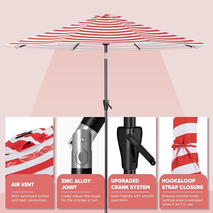 Tempera Patio Market Outdoor Table Umbrella with Push Button Tilt and Crank, Large Sun Umbrella with Sturdy Pole & Fade Resistant Canopy, Easy to Set