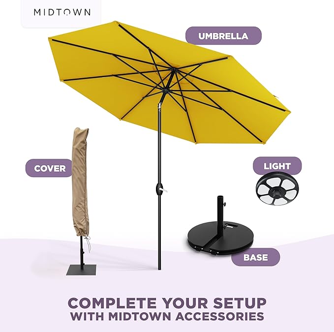 Midtown Umbrellas - 10-Year-No-Fade 6 Ft Patio Umbrella with Terylast Fabric, Auto-Tilt Aluminum Frame and 8 Reinforced Ribs for Deck, Pool, Garden & Beach - Sunflower Yellow Canopy, Black Pole