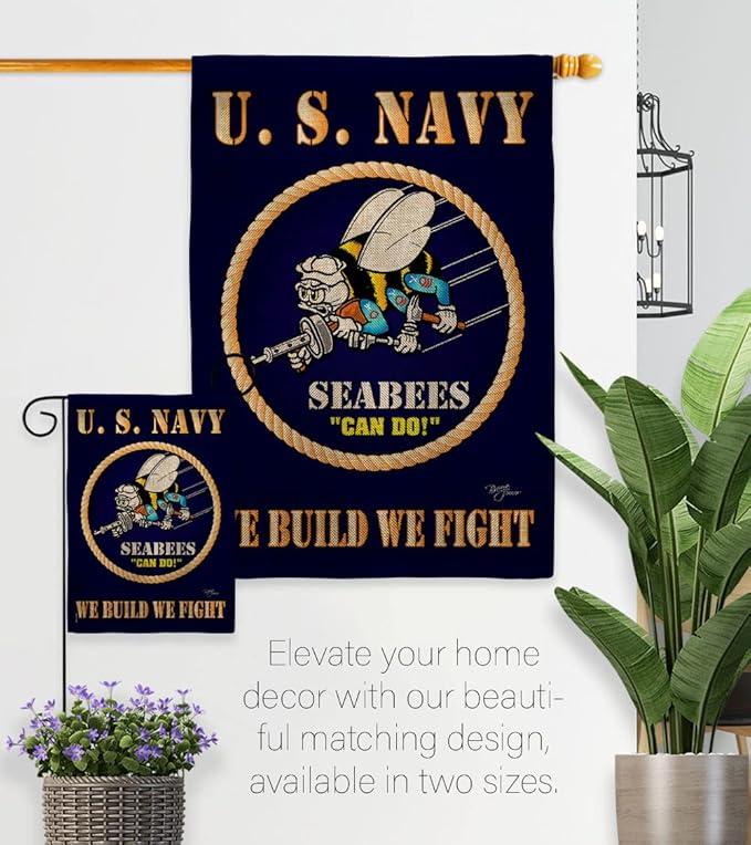 Sea Bees Burlap Garden Flag - Armed Forces Navy USN Seabee United State American Military Veteran Retire Official - House Decoration Banner Small Yard Gift Double-Sided Made In USA 13 X 18.5