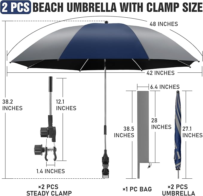 2 Pack Beach Umbrella with 360 Universal Clamp, UPF50+ Umbrella Outdoor Patio Sun Protection for Chairs, Beach &Patio Use (Not Include Chair)