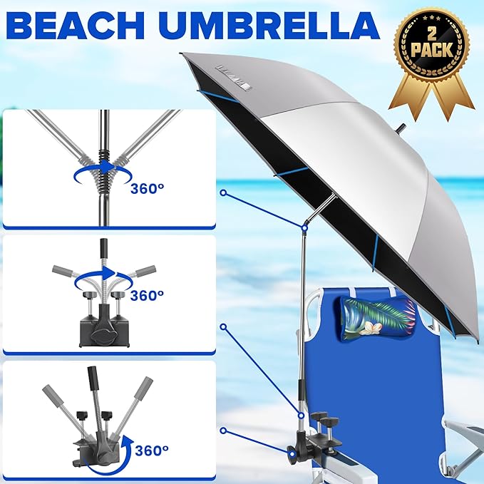 Beach Umbrella,2PACK 48.7inch Chair Umbrella with Clamp adjustable 360°,UV Protection Large Camping Chair Umbrellas for Camping chair, Glof Cart,Table(Chair,Table not include)