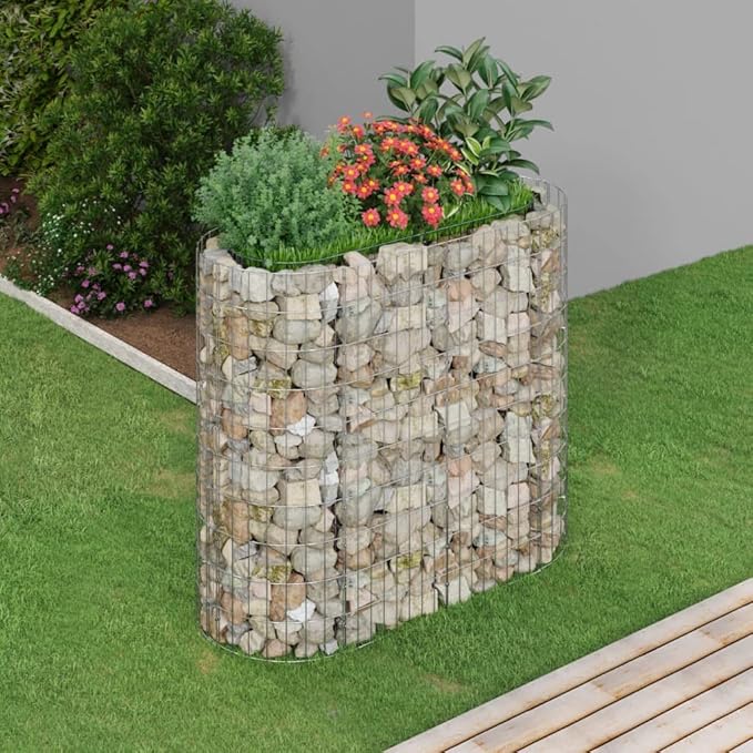 vidaXL Gabion Raised Bed, Proof and Weather- Galvanized Iron, Oval Shape, Ideal for Garden and Patio, 47.2"x19.7"x39.4", Stones Not Included, Assembly Required, Silver.