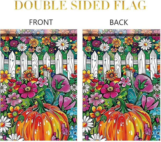 Pumpkin Flower Garden Flag 12x18 Inch Double Sided Outdoor Yard Banner Colorful Floral Fence and Pumpkin Design for Autumn Fall Harvest Patio Porch Lawn Decoration