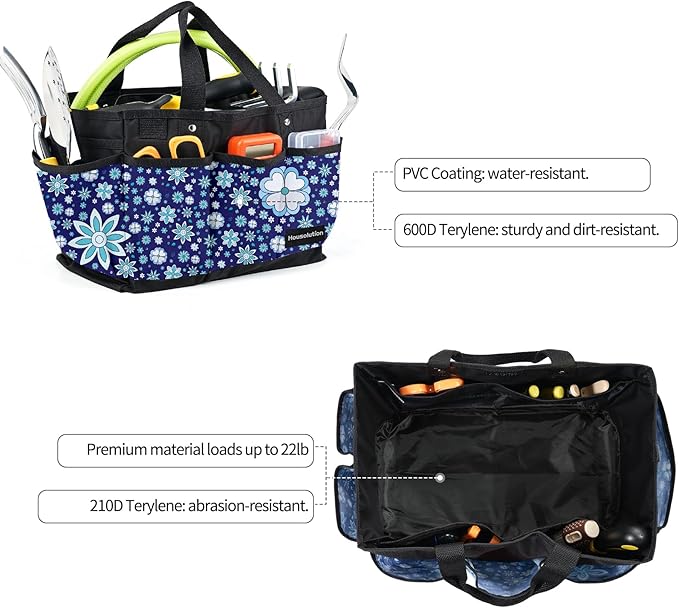 Housolution Gardening Tote Bag, Deluxe Garden Tool Storage Bag and Home Organizer with Pockets, Wear-Resistant & Reusable, 14 Inch, Blue Flowers