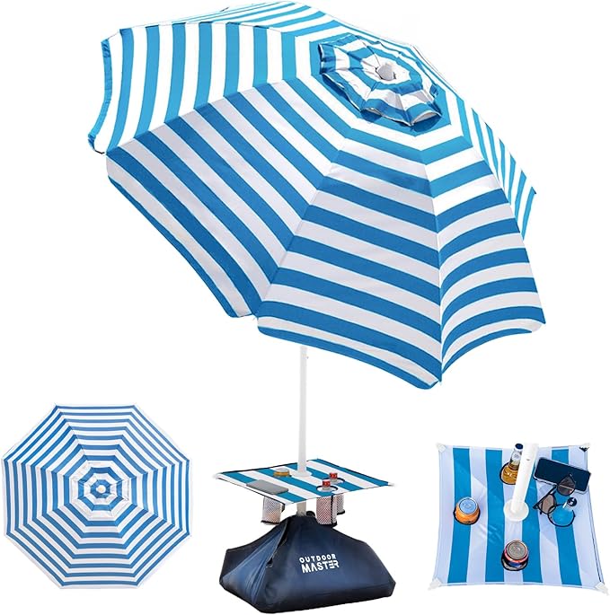 OutdoorMaster Beach Umbrellas for Sand with Sandbag & Anchor, 7.2ft Adjustable Umbrella for Beach Heavy Duty Wind, Portable UPF50+ Sunshade with Carry Bag for Patio